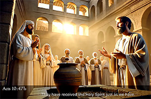 Acts 10:47b picture of Peter advising many people that these Gentiles could and should be baptized