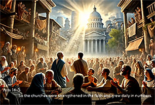 Acts 16:5 picture of Paul and Timothy who strengthened churches