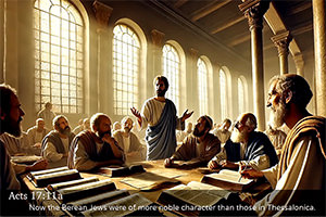 Picture of the Bereans checking the Scriptures: Acts 17:11a