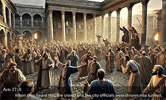 Picture of Paul putting the crowd in turmoil: Acts 17:8