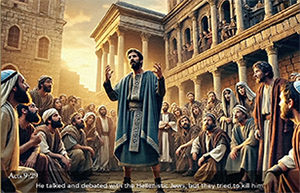 Acts 9:29 picture of Saul debting