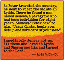 Acts 9:32–35 picture of Peter healing Aeneas