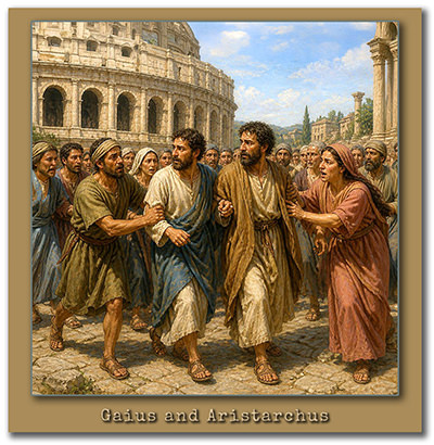 Image of Gaius and Aristarchus being siezed by the crowd; Acts 19:29