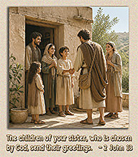 Click to enlarge Warren Camp's Scripture picture of 2nd John 1:13. Warren Camp's Scripture picture of 2nd John 1:13