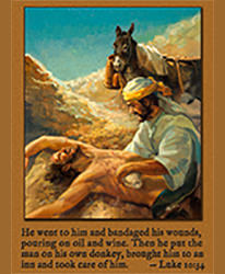 Scripture painting of Luke 10:34 from gospelimages.com