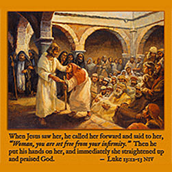 Scripture painting of Luke 13:12–13 from gospelimages.com
