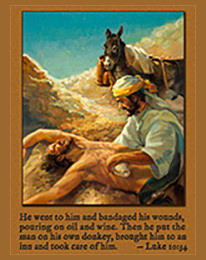 Scripture painting of Luke 10:34 from gospelimages.com