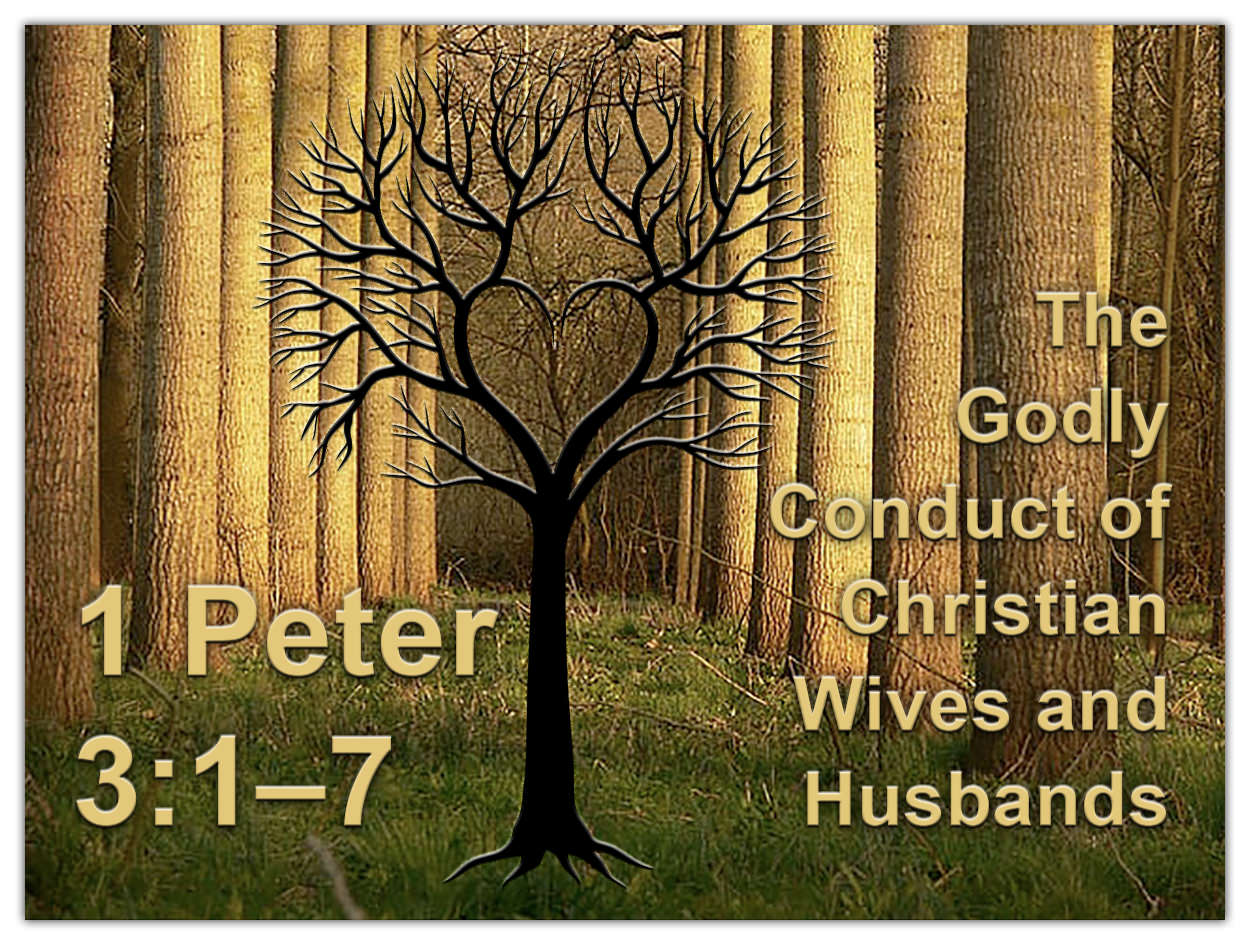 Scripture picture of 1st Peter 3:1–7, emphasizing the godly conduct of Christian wives and husbands.