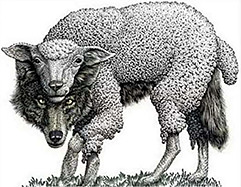 Thumbnail image of a wolf wearing a sheep costume Warren Camp's custom graphic highlighting the danger of false teachers as wolves in sheep's clothing