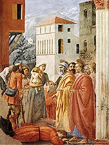 'Distribution of Alms, Death of Ananias' painting by Masaccio