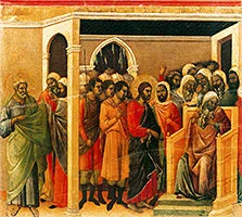 'Christ before Caiaphas' (scene 10) painting by Duccio di Buoninsegna