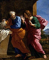 'St John and St Peter at Christ's Tomb' painting by Giovanni Francesco Romanelli