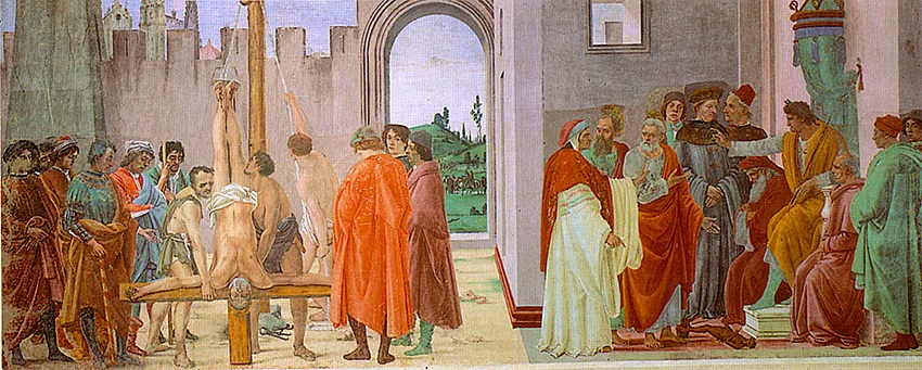 'The Crucifixion of St Peter and the Disputation with Simon Magus' fresco painting by Filippino Lippi