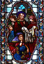Stained glass featuring 'Peter, about to Raise Dorcas'