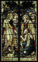 Stained glass depicting 'Feed My Sheep'