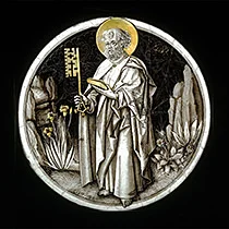 Stained glass highlighting a 'Roundel of Saint Peter'