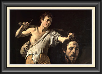 Warren Camp's framed picture of Caravaggio's c. 1601 painting of 'David Holding Goliath's Head'