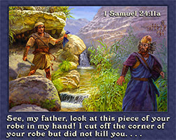 David, having cut off a corner of Saul's robe