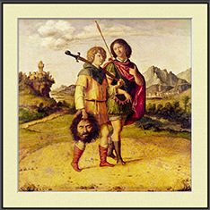Warren Camp's framed picture of Giovanni Battista Cima's c. 1507 painting of 'David and Jonathan.'