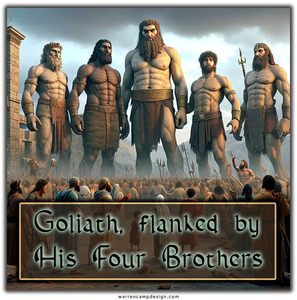Image of Goliath the giant, flanked by his four brothers